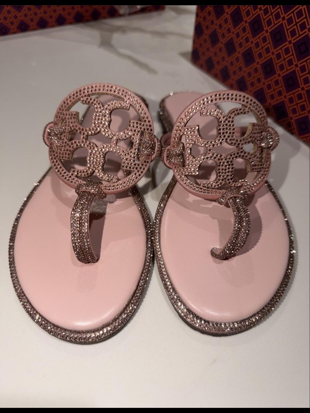 Tory Burch Pink Embellished Logo Thong Sandals